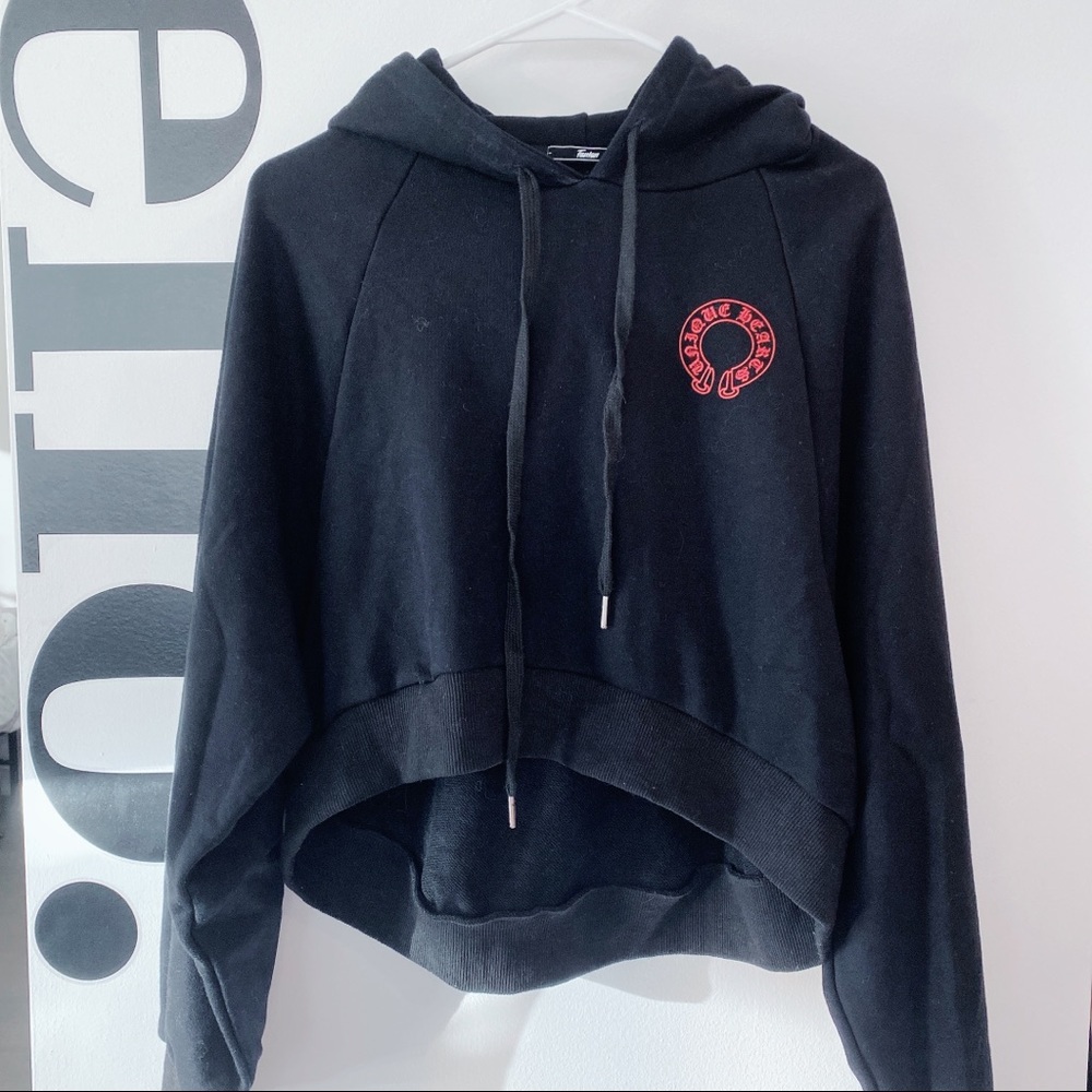 Cropped Black Graphic Oversized Hoodie